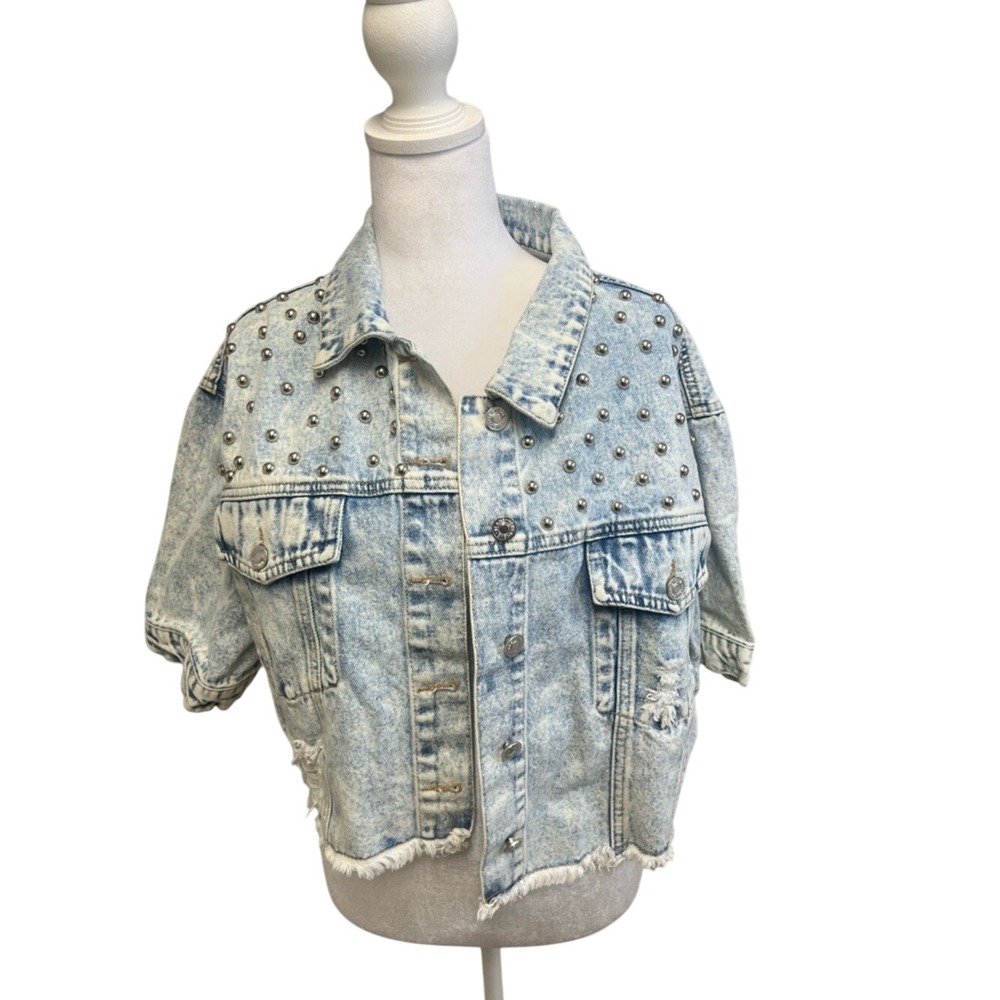 Hengsheng Jeans Denim Jacket Studded Acid Wash Short Sleeve Sz M Y2K Grunge Edgy